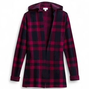 Market & Spruce Stitch Fix Oliver Red Navy Plaid Hooded Open Front Coatigan M